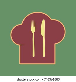 Chef hat and spoon, fork, knife sign. Vector. Cordovan icon and mellow apricot halo with light khaki filled space at russian green background.