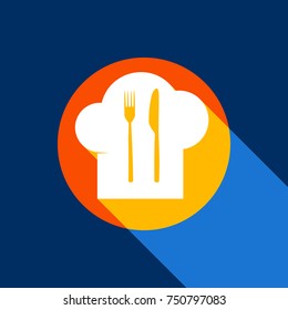Chef hat and spoon, fork, knife sign. Vector. White icon on tangelo circle with infinite shadow of light at cool black background. Selective yellow and bright navy blue are produced.