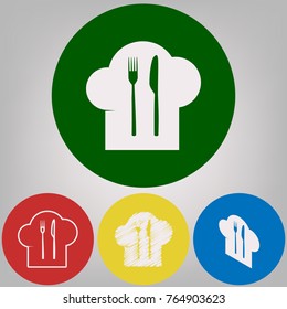 Chef hat and spoon, fork, knife sign. Vector. 4 white styles of icon at 4 colored circles on light gray background.