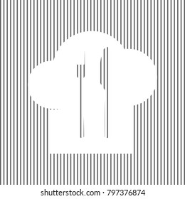 Chef hat and spoon, fork, knife sign. Vector. White icon on grayish striped background. Optical illusion.