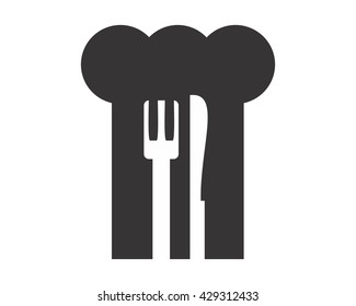 chef hat spoon and fork silhouette black image vector