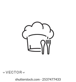 Chef hat with spoon and fork, thin line symbol isolated on white background, editable stroke eps 10 vector illustration