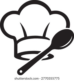 Chef hat with spoon icon, cooking and kitchen utensil symbol, minimal black vector design