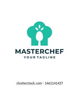 Chef hat and spoon restaurant logo design vector.