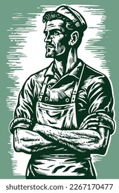 Chef con un sombrero de pie con las manos cruzadas. Ilustración vectorial con estilo de grabado de madera dibujada a mano Eps 10