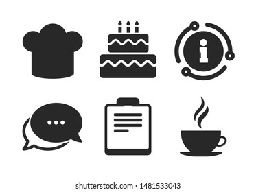 Chef-Hut-Symbol. Chat, Info-Schild.Kaffeetasse-Ikone. Geburtstagskuchen-Schilder. Dokumentdatei. Das Symbol für Sprachblasen im klassischen Stil. Vektorillustration