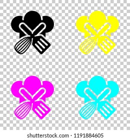 Chef hat and tools. Kitchen logo, simple icon. Colored set of cmyk icons on transparent background