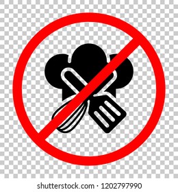 Chef hat and tools. Kitchen logo, simple icon. Not allowed, black object in red warning sign with transparent background