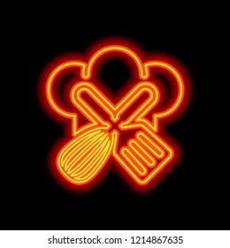 Chef hat and tools. Kitchen logo, simple icon. Orange neon style on black background. Light icon