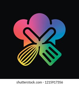 Chef hat and tools. Kitchen logo, simple icon. Rainbow color and dark background