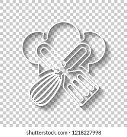Chef hat and tools. Kitchen logo, simple icon. White outline sign with shadow on transparent background