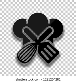 Chef hat and tools. Kitchen logo, simple icon. Black glass icon with soft shadow on transparent background