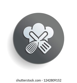 Chef hat and tools. Kitchen logo, simple icon. White paper symbol on gray round button or badge with shadow