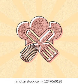 Chef hat and tools. Kitchen logo, simple icon. Vintage retro typography with offset printing effect. Dots poster with comics pop art background