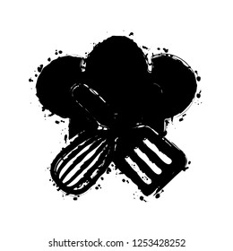 Chef hat and tools. Kitchen logo, simple icon. Black ink with splashes on white background