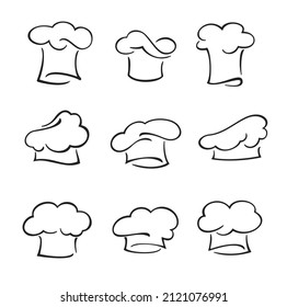 Chef hat and toque, cook and baker isolated vector caps. Bakery or restaurant kitchen uniform. Outline white cotton hats of french or italian restaurant chef, professional cloth