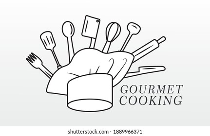 chef hat uniform with kitchen tools and lettering line style icon vector illustration design
