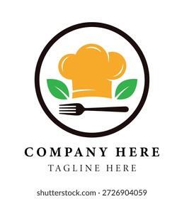Diseño del logotipo del sombrero y del utensilio del cocinero con las hojas verdes en un símbolo de la cocina y de la comida del círculo