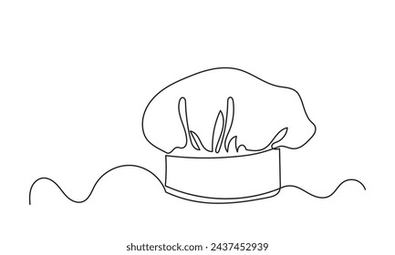 Sombrero de chef vector dibujo de línea continua de sombrero de chef o gorra para restaurante. Diseño de arte de una sola línea utilizado para impresión, tarjetas, banderas, folletos, menús, carteles y logotipos. aislado sobre un fondo blanco
