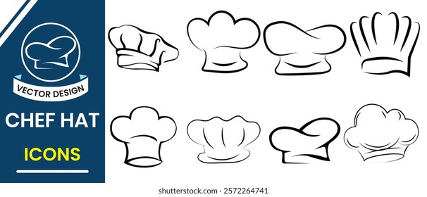 Chef hat vector, icon set. Cooking hat silhouette, vector set. Chef hat silhouette design. Kitchen, Restaurant, Bakery hat vector, silhouette. Vector illustration.