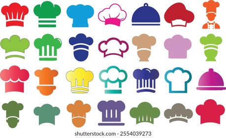 Chef hat vector set, colorful chef caps, chef hats kitchen icons showcasing vibrant culinary symbols for branding, cooking logos, food industry, bakeries, and restaurants