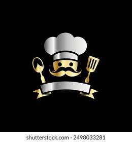 Chef hat, whisk, moustache and ribbon vector illustration.
