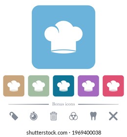 Chef hat white flat icons on color rounded square backgrounds. 6 bonus icons included