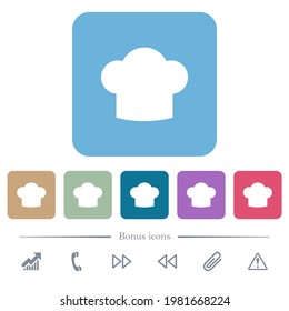 Iconos planos blancos de sombrero de chef sobre fondo cuadrado redondeado de color. 6 iconos de bonificación incluidos