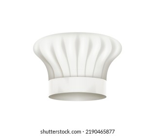 Chef hat, white toque. Chief cap uniform of restaurant staff kitchen workers, cook clothing. Professional garment for head, folded toque design element. Vector illustration