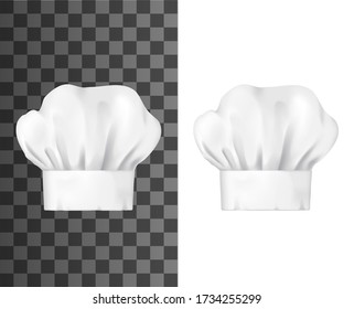 Chef hat, white toque front view isolated vector mockup. Chief cap working uniform of restaurant staff, cook clothing. Professional garment for head, pleated toque mockup design element