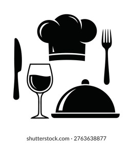 Chef hat, wine glass, and utensils symbolizing fine dining and culinary excellence