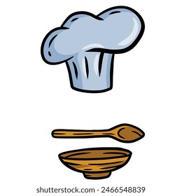 Chef hat. Wooden spoon. Cartoon drawn illustration. Cook white Clothes. Element of the restaurant and cafe