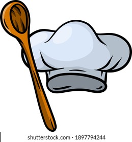 Chef hat. Wooden spoon. Cook white Clothes. Element of the restaurant and cafe logo. Cartoon drawn illustration.