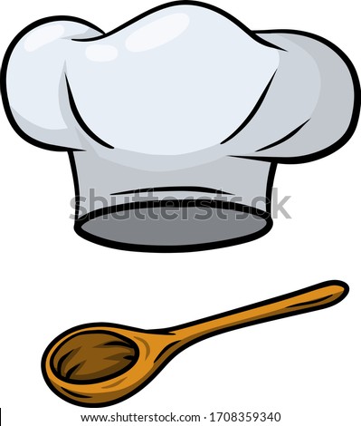 Chef hat. Wooden spoon. Cook white Clothes. Element of the restaurant and cafe logo. Cartoon drawn illustration
