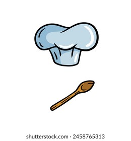 Chef hat. Wooden spoon. Element of the restaurant and cafe. Cartoon drawn illustration. Cook white Clothes