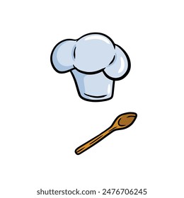 Chef hat. Wooden spoon. Element of the restaurant and cafe. Cartoon drawn illustration. Cook white Clothes