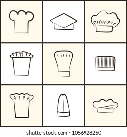 Chef hats of all designs monochrome sketches. Special headdresses for cooks collection. Chef hats as part of uniform isolated vector illustrations.