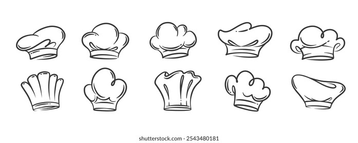 Conjunto de iconos de contorno de sombreros de chef. Divertida colección de boceto vintage de diferentes gorras de personal de cocina. Mascota de gastronomía y cocina gourmet, Ilustración vectorial de iconos de disfraces de chef de restaurante dibujado a mano