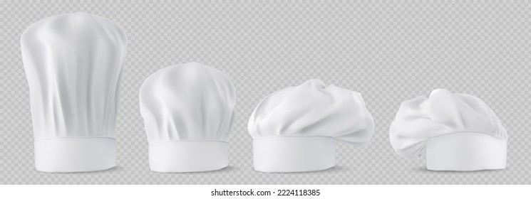 Chef hats, cook caps and baker toques realistic mockup. White restaurant uniform headwear, professional small, medium and tall french style clothing of kitchen staff, 3d vector illustration