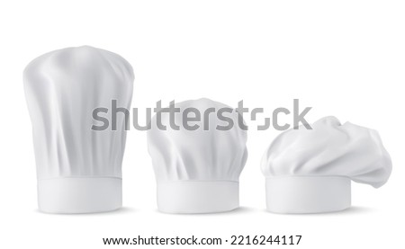 Chef hats, cook caps and baker toques realistic mockup. White restaurant uniform headwear, professional small, medium and tall french style clothing of kitchen staff, 3d vector illustration