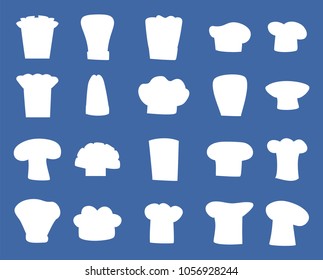 Chef hats designs isolated white silhouettes set. Cook headdresses of all shapes. Elegant chef hats cartoon flat vector illustrations collection.