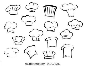 Chef hats icons with white professional uniform caps for kitchen staff in doodle sketch  style