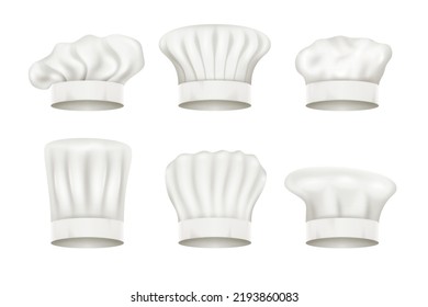 Chef hats, realistic 3D cook caps and baker toques mockup. Kitchen chef hats of different shapes, restaurant cook and culinary baker uniform or headwear items, gourmet chef toque. Vector illustration