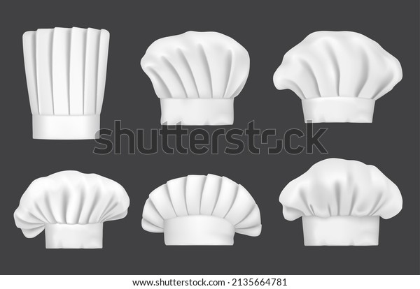 Chef\
hats, realistic 3D cook caps and baker toques vector mockup.\
Kitchen chef hats of different shapes, restaurant cook and culinary\
baker uniform or headwear items, gourmet chef\
toque