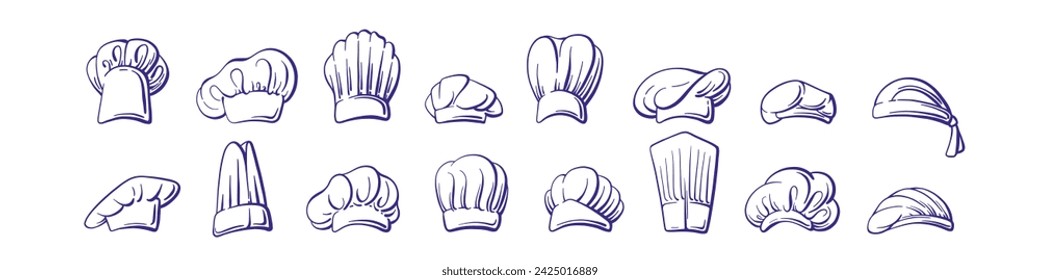 Colección de bocetos de chef hats. Ropa profesional para cocinar y pastelería sobre fondo blanco. Ropa de cabeza en estilo garabato. Ilustración de vector