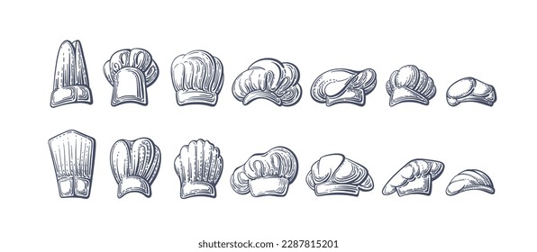 Chef hats sketch set. Vector texture cook caps isolated on white background. Graphic illustration. Restaurant cafe uniform of kitchen staff