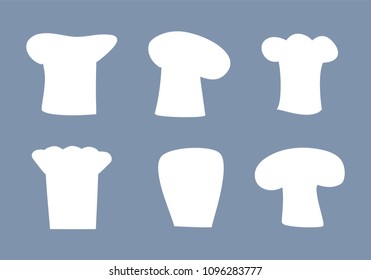 Chef hats white silhouettes of all designs. Headwear items for kitchen staff, bakery or cafe cook caps isolated cartoon flat vector illustrations set.