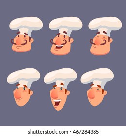 chef head, cartoon style, funny character, emotions, head, vector illustration