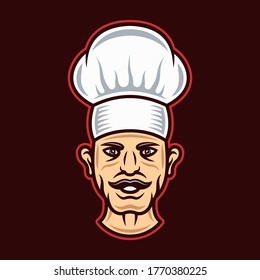 Chef head in hat cartoon colored style chef character vector illustration on dark background