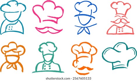 Chef Head Hat Icons Crayon Chalk Drawing Vector Set